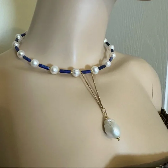 C106 New Handmade Natural Freshwater Pearl and Lapis Lazuli Choker - Picture 10 of 14